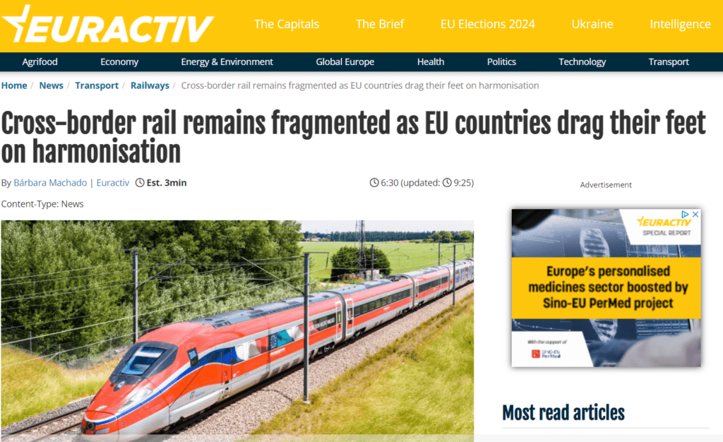 Cross-border rail remains fragmented as EU countries drag their feet on harmonisation (Euractiv)