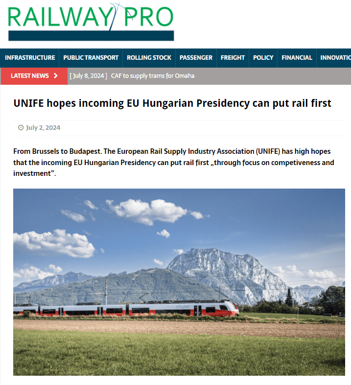 UNIFE hopes incoming EU Hungarian Presidency can put rail first (Railway Pro)