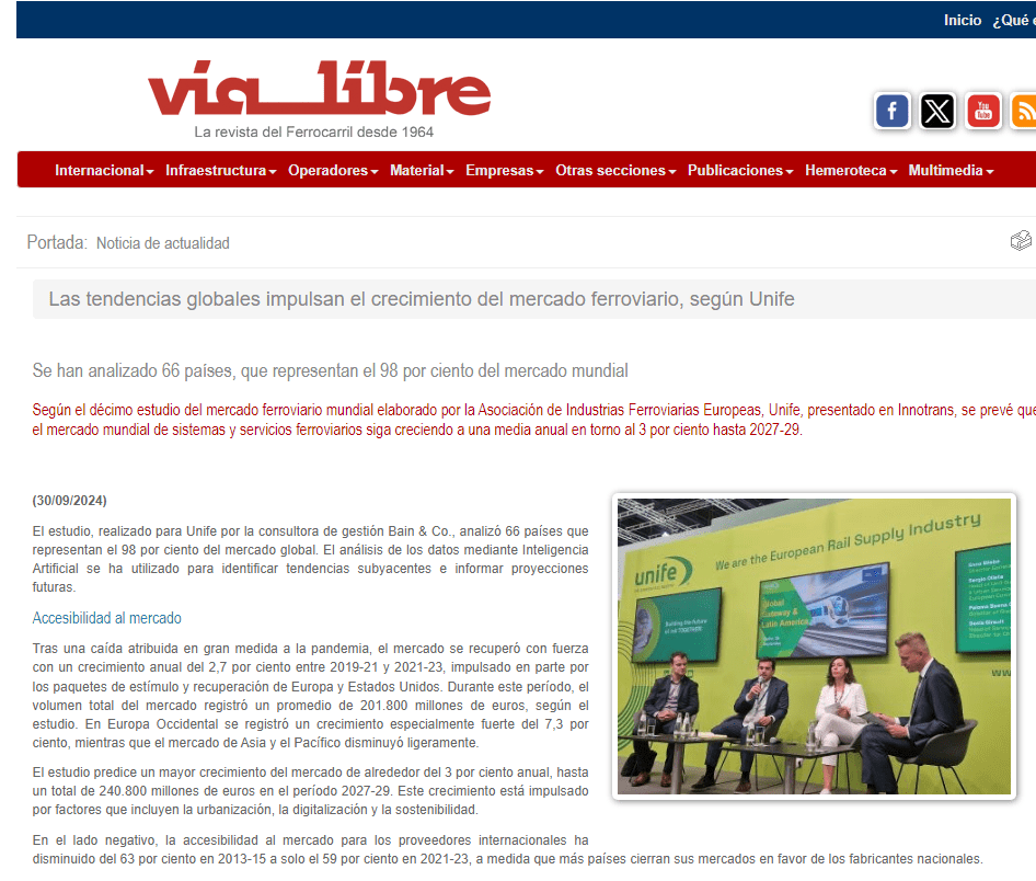 Las tendencias globales impulsan el crecimiento del mercado ferroviario, según Unife (Via Libre)