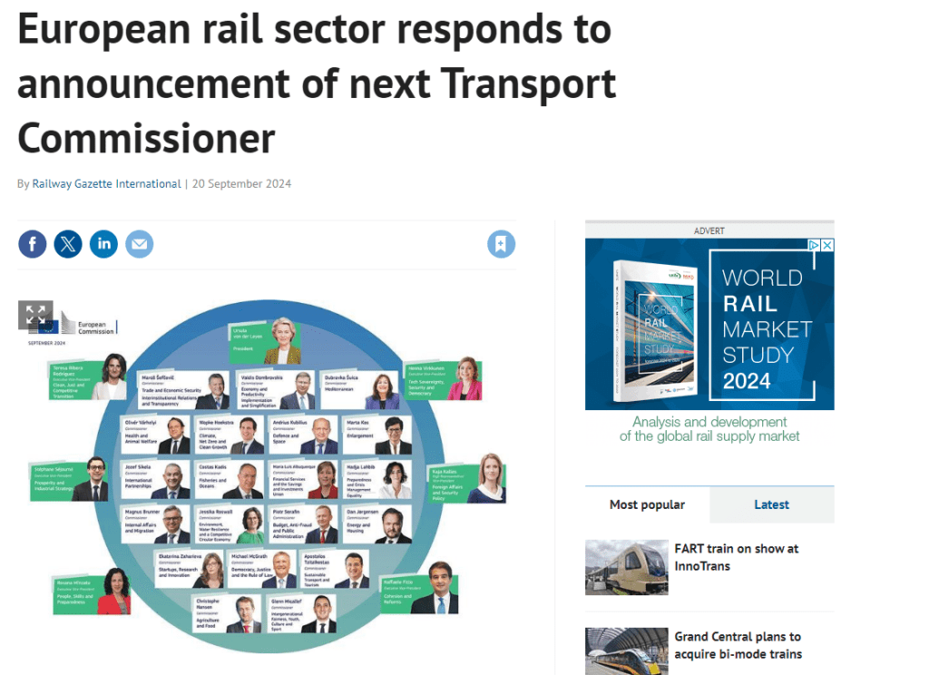 European rail sector responds to announcement of next Transport Commissioner (Railway Gazette International)