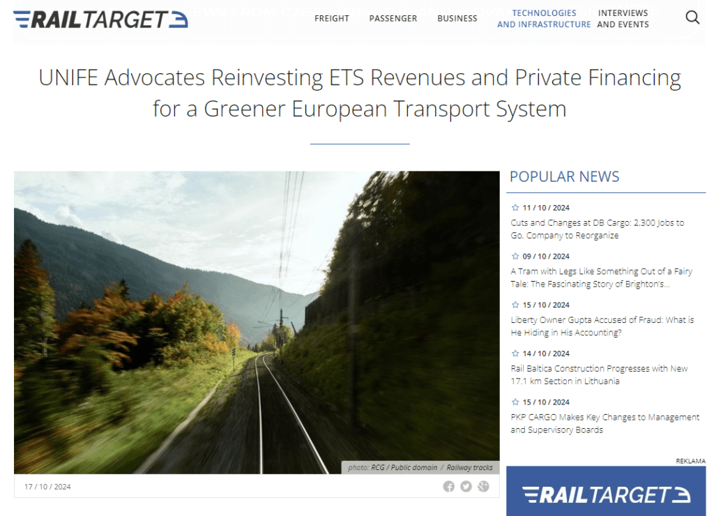 UNIFE Advocates Reinvesting ETS Revenues and Private Financing for a Greener European Transport System