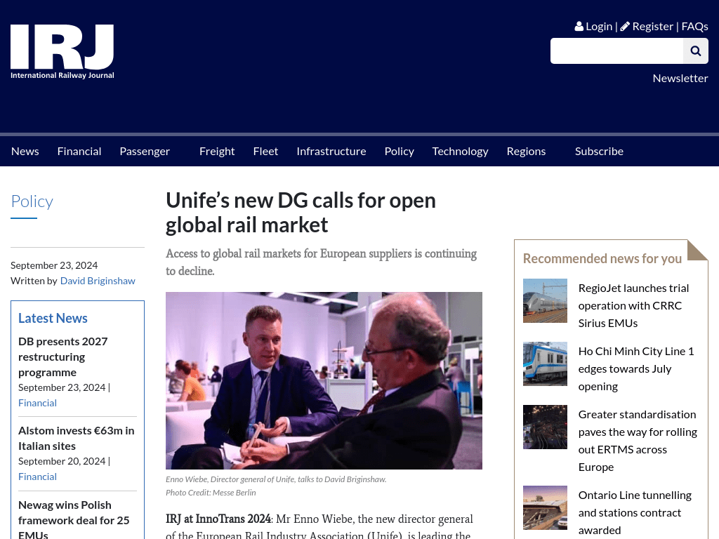 Unife’s new DG calls for open global rail market (IRJ)