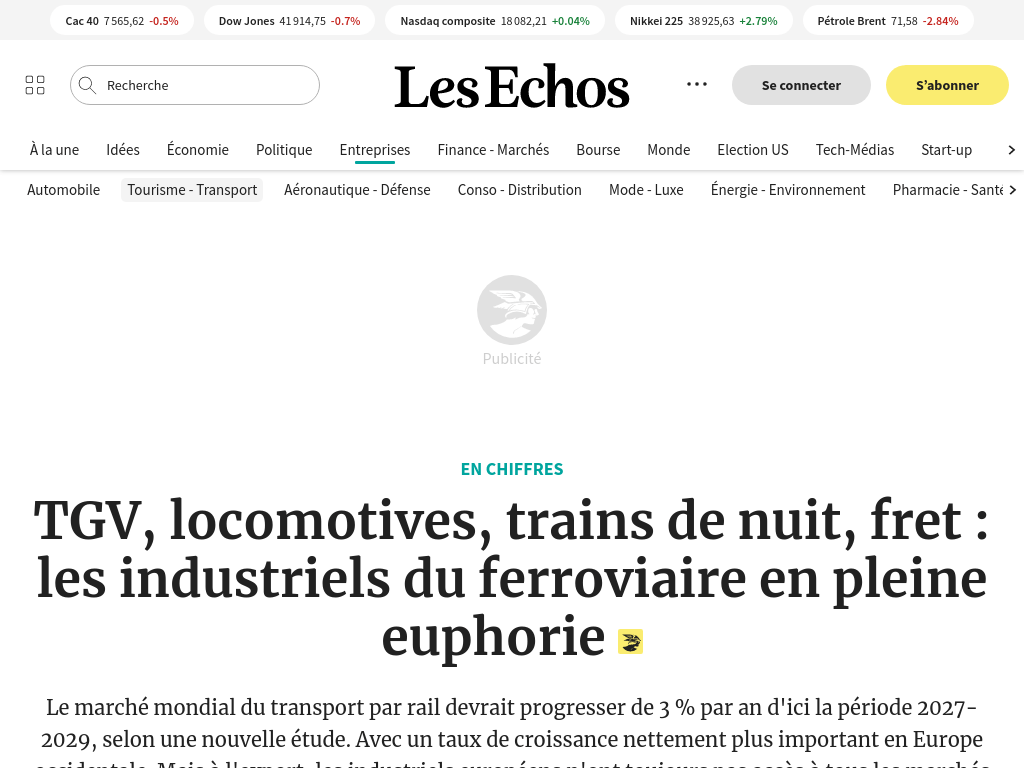 TGV, locomotives, trains de nuit, fret : les industriels du ferroviaire en pleine euphorie (Les Echos)