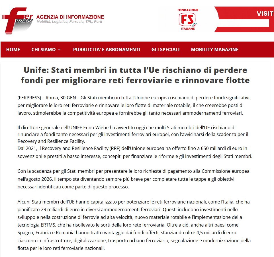 Stati membri in tutta l’Ue rischiano di perdere fondi per migliorare reti ferroviarie e rinnovare flotte (FerPress)