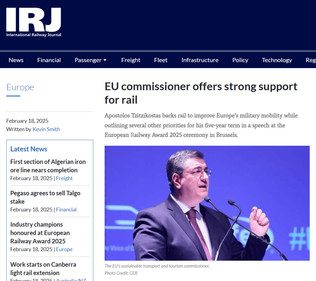 EU Transport Commissioner offers strong support for rail (IRJ)